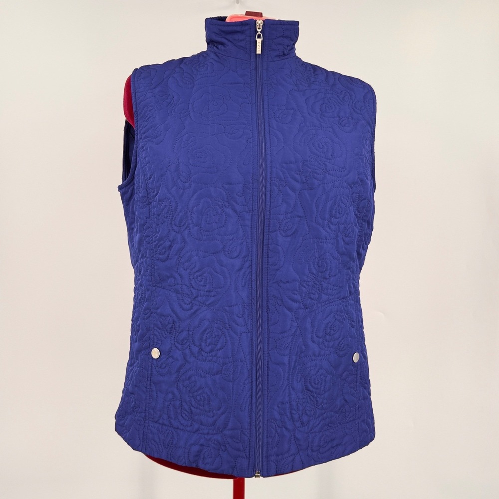 Alia 16 Blue Floral Quilted Full Zip Stand Collar Snap Pocket Sleeveless Vest